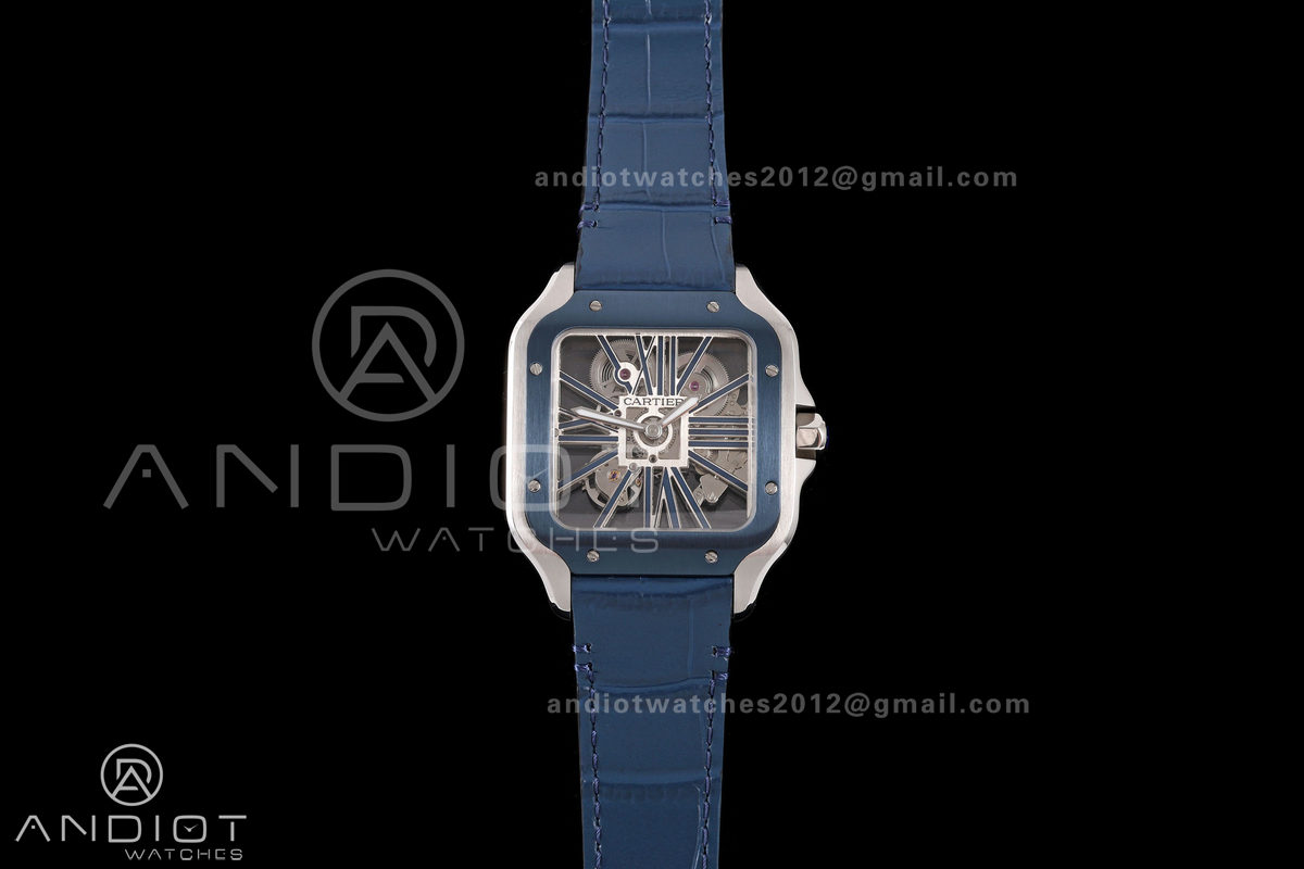 Santos Skeleton SS RICH 1:1 Best Edition Skeleton Dial Blue Bezel on Blue Leather Strap 9611MC Super Clone V2